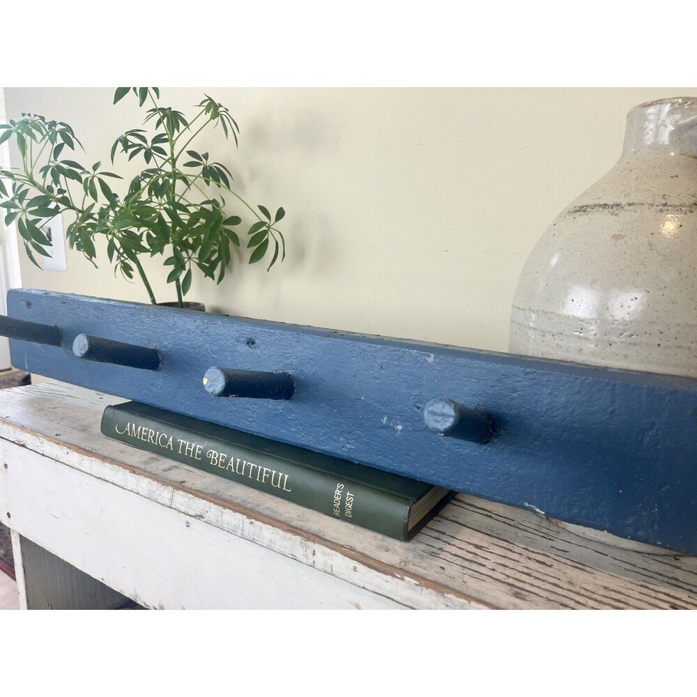 Antique Shaker Style Primitive Blue Coat Hat Peg Rack 28” x 4” Farmhouse